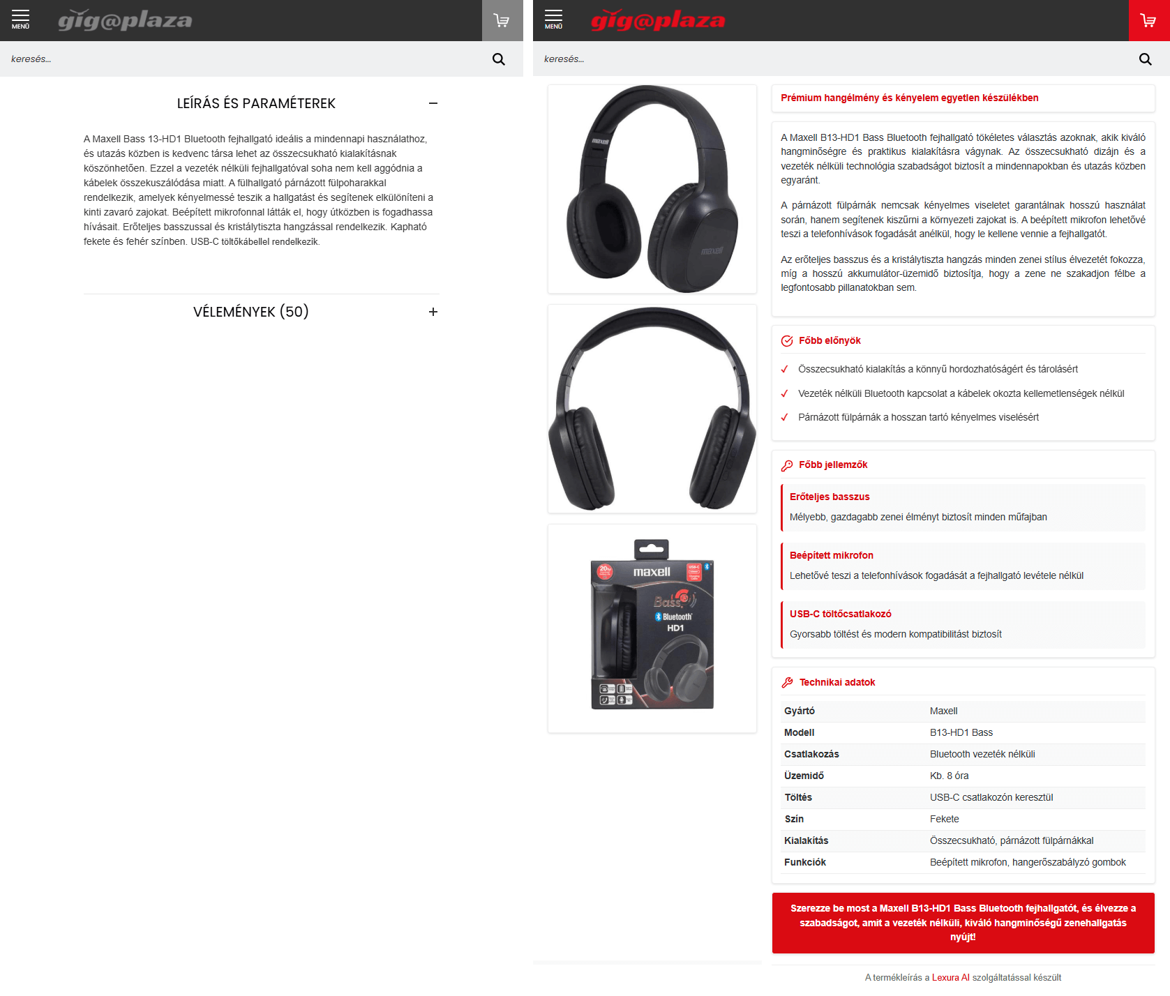 Before/After comparison 3: Basic product data vs. Lexura AI generated, detailed product page